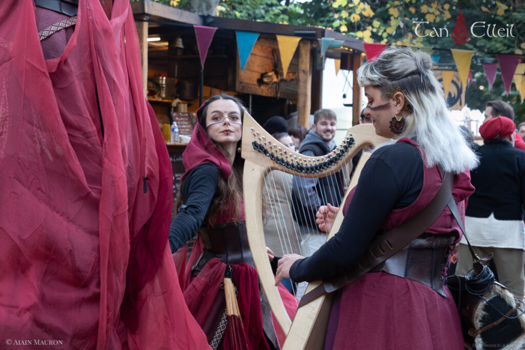 Harpe de la déambulation musicale Beltaine avec échassier