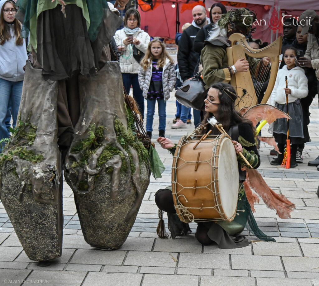 tan-elleil-contes-du-bois-den-haut-deambulation-musicale-bretagne-marionnette-echasses1 Interaction entre les artistes lors de la déambulation musicale bretonne avec échassier et marionnette