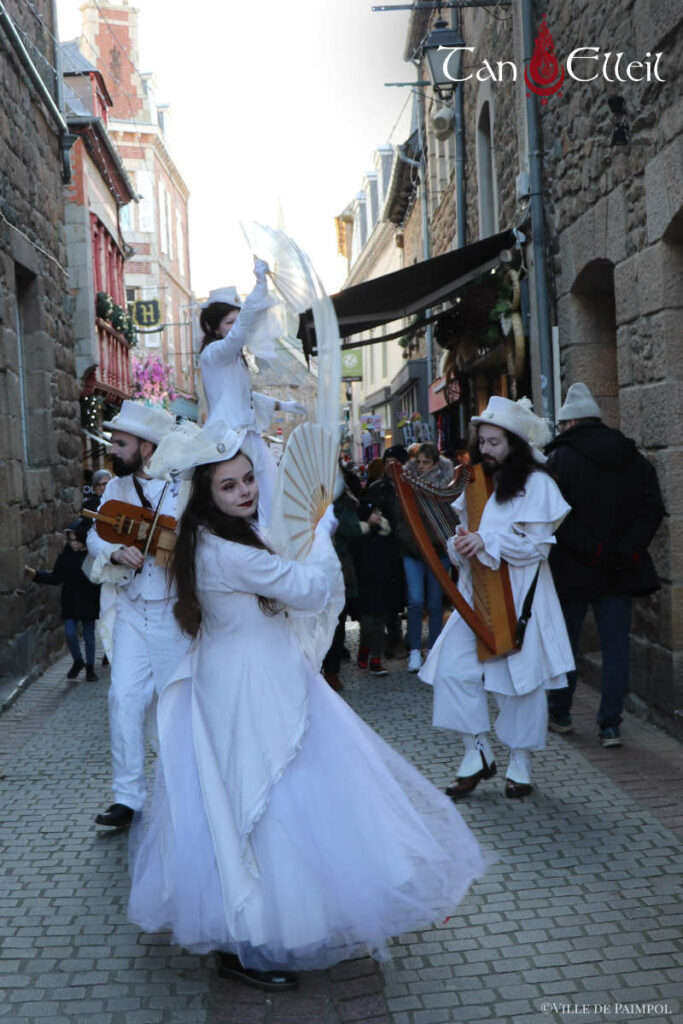 Déambulation musicale avec échassiers blanc lumineux